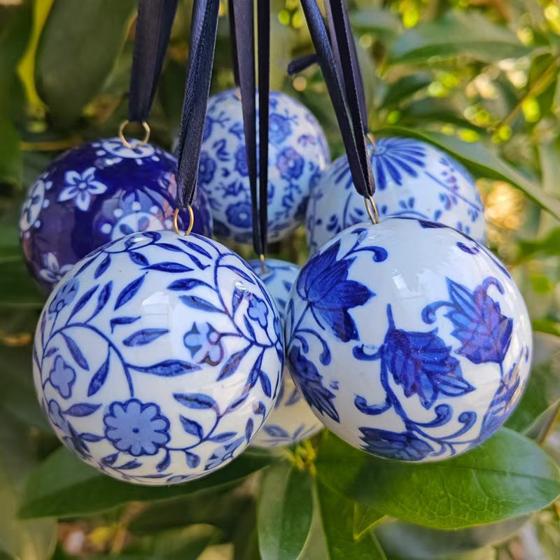 6 Pcs Blue and White Christmas Porcelain Balls, Classic Style 2.4 Inch, Ceramic, Porcelain Chinoiserie Ornament Bulk, Ceramic, Hanging, Decorative, New Year, for Christmas Tree Home Party
