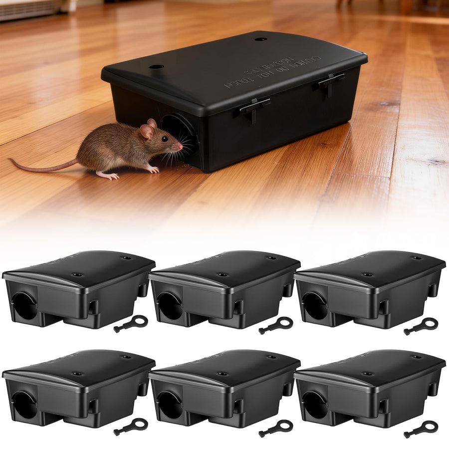 6 Pack Rat Bait Stations with Keys Bulk Rodent Trap Bait Box for Outdoor Indoor Use,Keeps Pets and Children Safe