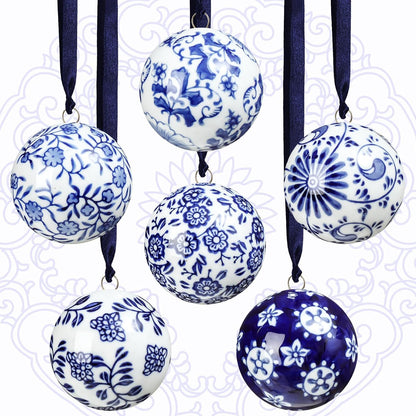 6 Pcs Blue and White Christmas Porcelain Balls, Classic Style 2.4 Inch, Ceramic, Porcelain Chinoiserie Ornament Bulk, Ceramic, Hanging, Decorative, New Year, for Christmas Tree Home Party