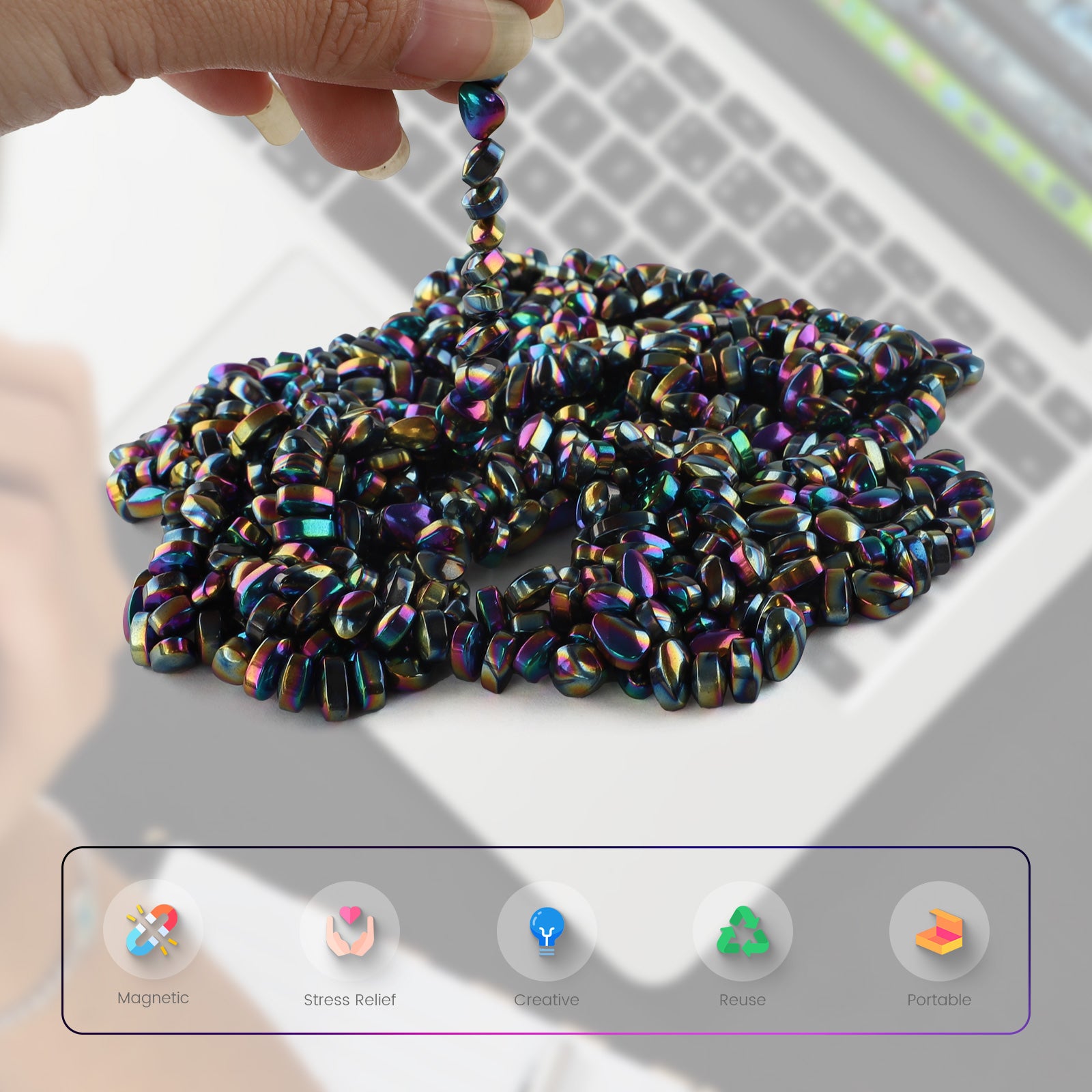 Magnetic Balls Over 1000 PCS Mini Rainbow Magnetic Putty, with 2 Big Smooth Magnetic Beads, Fidget Toys for Adult, Weak Ferrite Putty Desk Toys for Office (Colourful)