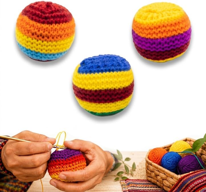 Footbags Set of 3, Hand-Made Knitted Footbags, Multicolor, Sand Fill, for Kids and Beginners, Ages 6 and Up (Random Color)