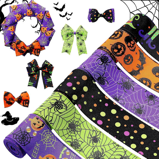 5 Rolls Random color Halloween Wired Ribbon 1.5inch Wide, 3.3 Yards Per Roll Pumpkin Spider Web Bat Polka Dot Decorative Ribbon for Wreath Bow Craft Gift Wrapping Party Decoration