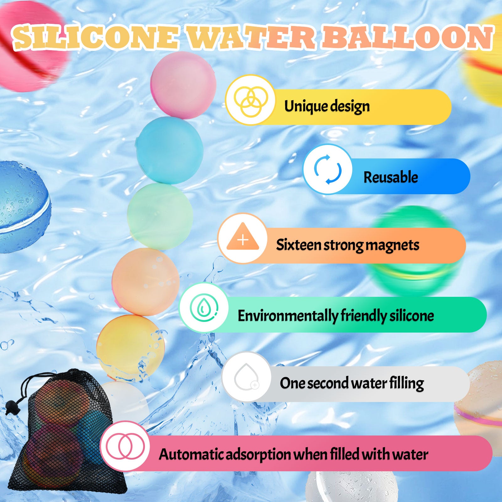 Reusable Water Balloons,12 Pcs Magnetic Splash Refillable Balls,Summer Water Toys for Kids Pool Beach & Outdoor