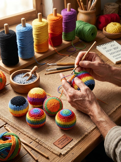 Footbags Set of 6, Hand-Made Knitted Footbags, Multicolor, Sand Fill, for Kids and Beginners, Ages 6 and Up (Random Color)