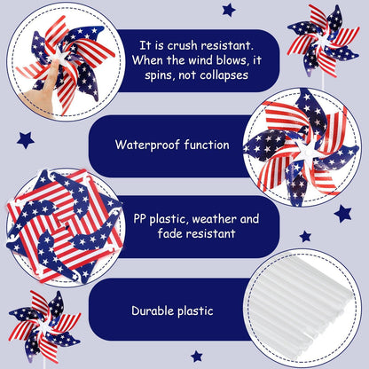 24Pcs Patriotic Pinwheels for Yard and Garden American Flag Pinwheel,Veterans Day Decorations Red White Blue Pinwheels Patriotic Decorations Garden Wind Spinners,Pinwheel for Kids,Lawn,Patio