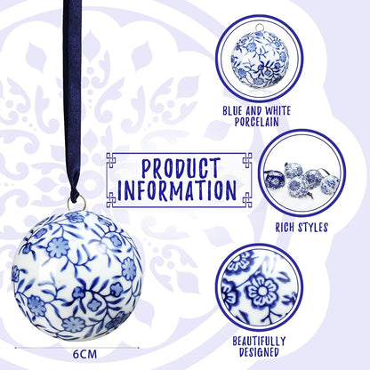 6 Pcs Blue and White Christmas Porcelain Balls, Classic Style 2.4 Inch, Ceramic, Porcelain Chinoiserie Ornament Bulk, Ceramic, Hanging, Decorative, New Year, for Christmas Tree Home Party