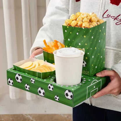 Soccer Snack Trays, 3 Pack Stadium Food Holders for Game Day 3-pack soccer snack trays with popcorn bucket and drink holder for game day, watch parties, birthdays and tailgates