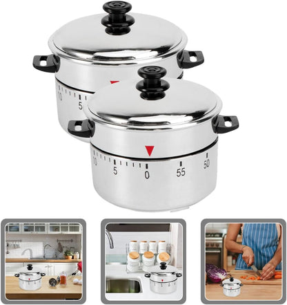 2pcs Pot Shape Kitchen Timer Stainless Steel Manual Countdown Cooking Battery-free One-button Operation, Silver Finish, Supports Cakes and Boiled Eggs, Useful for Study and Household Chores