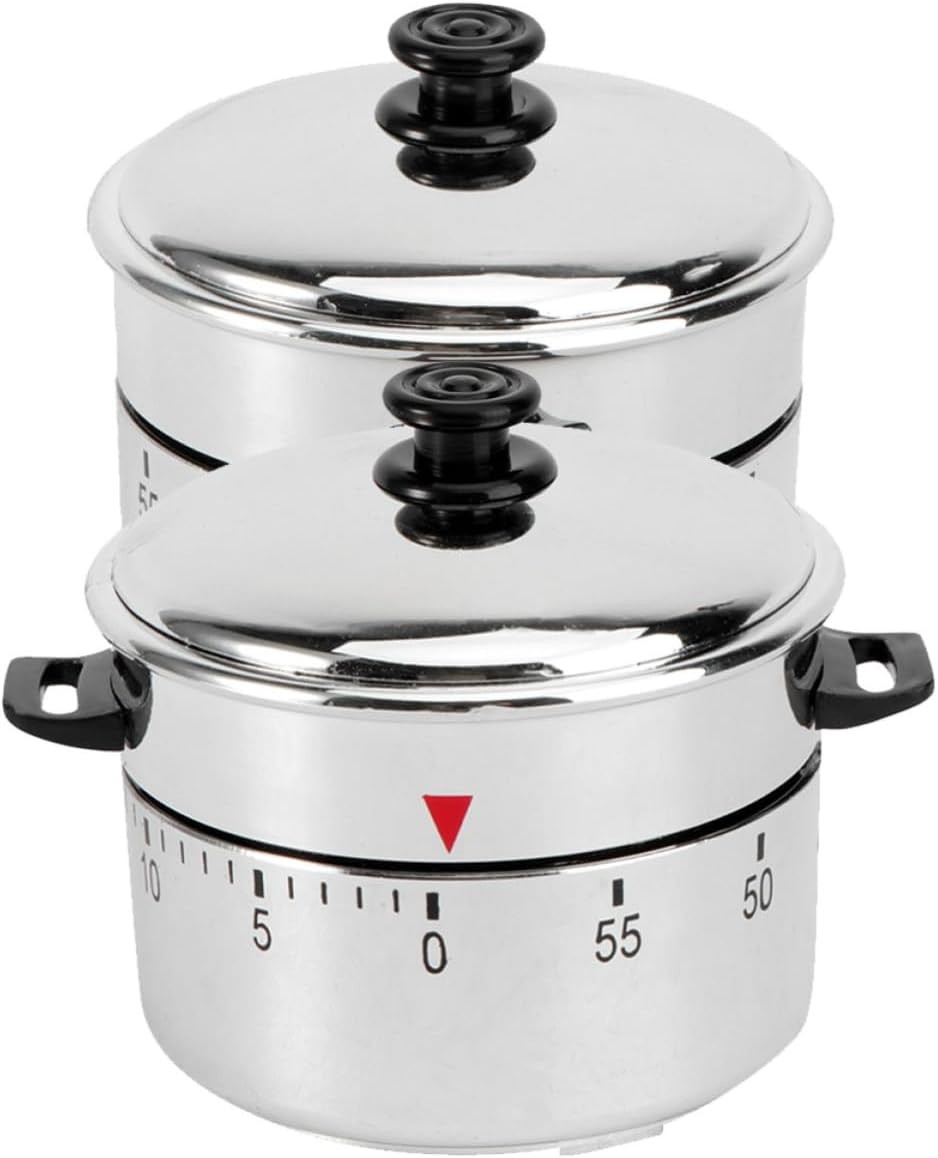 2pcs Pot Shape Kitchen Timer Stainless Steel Manual Countdown Cooking Battery-free One-button Operation, Silver Finish, Supports Cakes and Boiled Eggs, Useful for Study and Household Chores