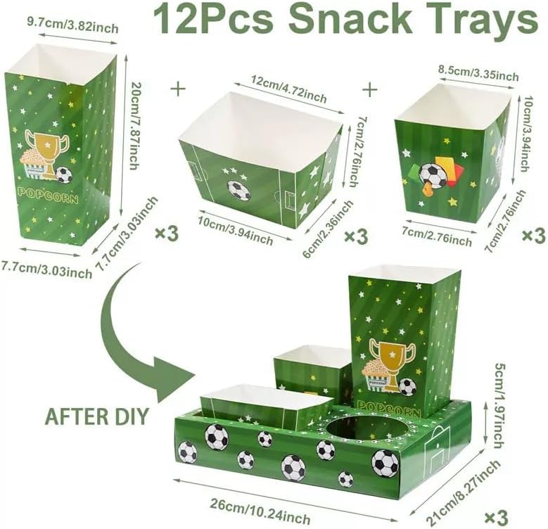 Soccer Snack Trays, 3 Pack Stadium Food Holders for Game Day 3-pack soccer snack trays with popcorn bucket and drink holder for game day, watch parties, birthdays and tailgates