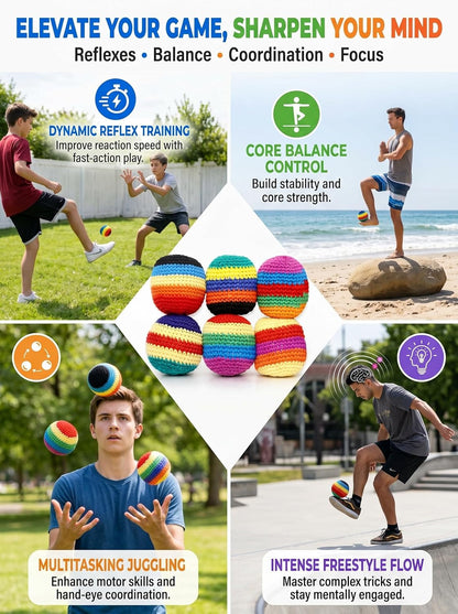 Footbags Set of 6, Hand-Made Knitted Footbags, Multicolor, Sand Fill, for Kids and Beginners, Ages 6 and Up (Random Color)