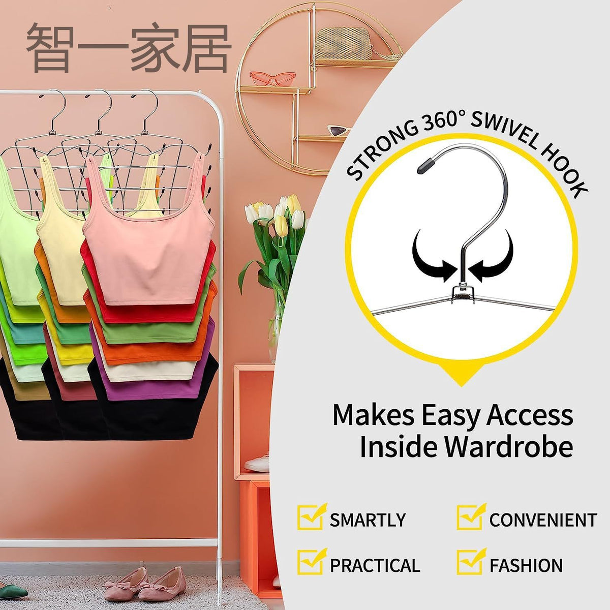 3 Pack Tank Top Hanger, Rotating Bra Organizer Space Closet Organizer 8 Tier Metal,holds tank tops and bras, compact, build, multi layer