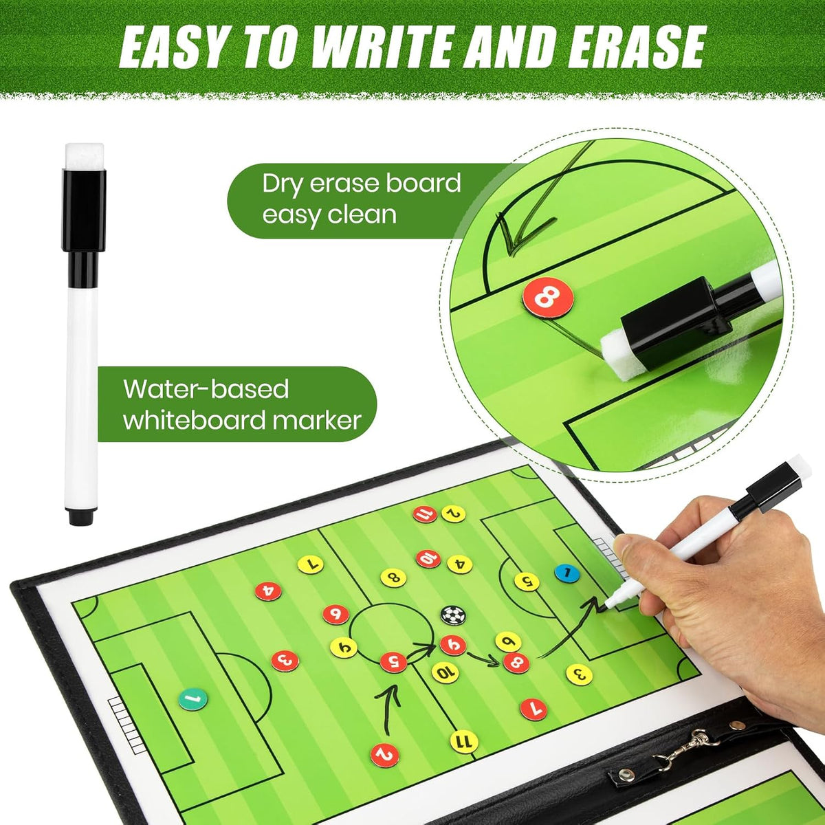 Foldable Magnetic Soccer Coaching Board, Soccer Tactics Strategy Board Portable Soccer Board with Dry Erase Markers and Magnetic Markers for Coaches Training, Great Gift for Kids Soccer Coach.
