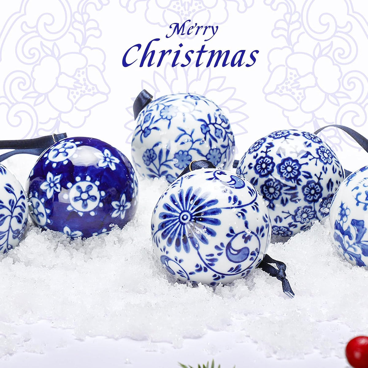 6 Pcs Blue and White Christmas Porcelain Balls, Classic Style 2.4 Inch, Ceramic, Porcelain Chinoiserie Ornament Bulk, Ceramic, Hanging, Decorative, New Year, for Christmas Tree Home Party