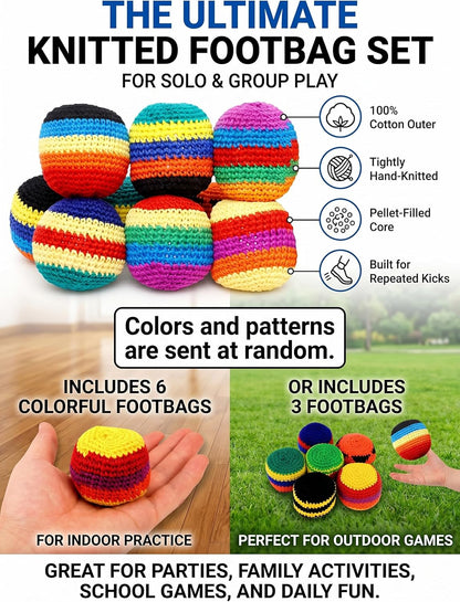 Footbags Set of 3, Hand-Made Knitted Footbags, Multicolor, Sand Fill, for Kids and Beginners, Ages 6 and Up (Random Color)