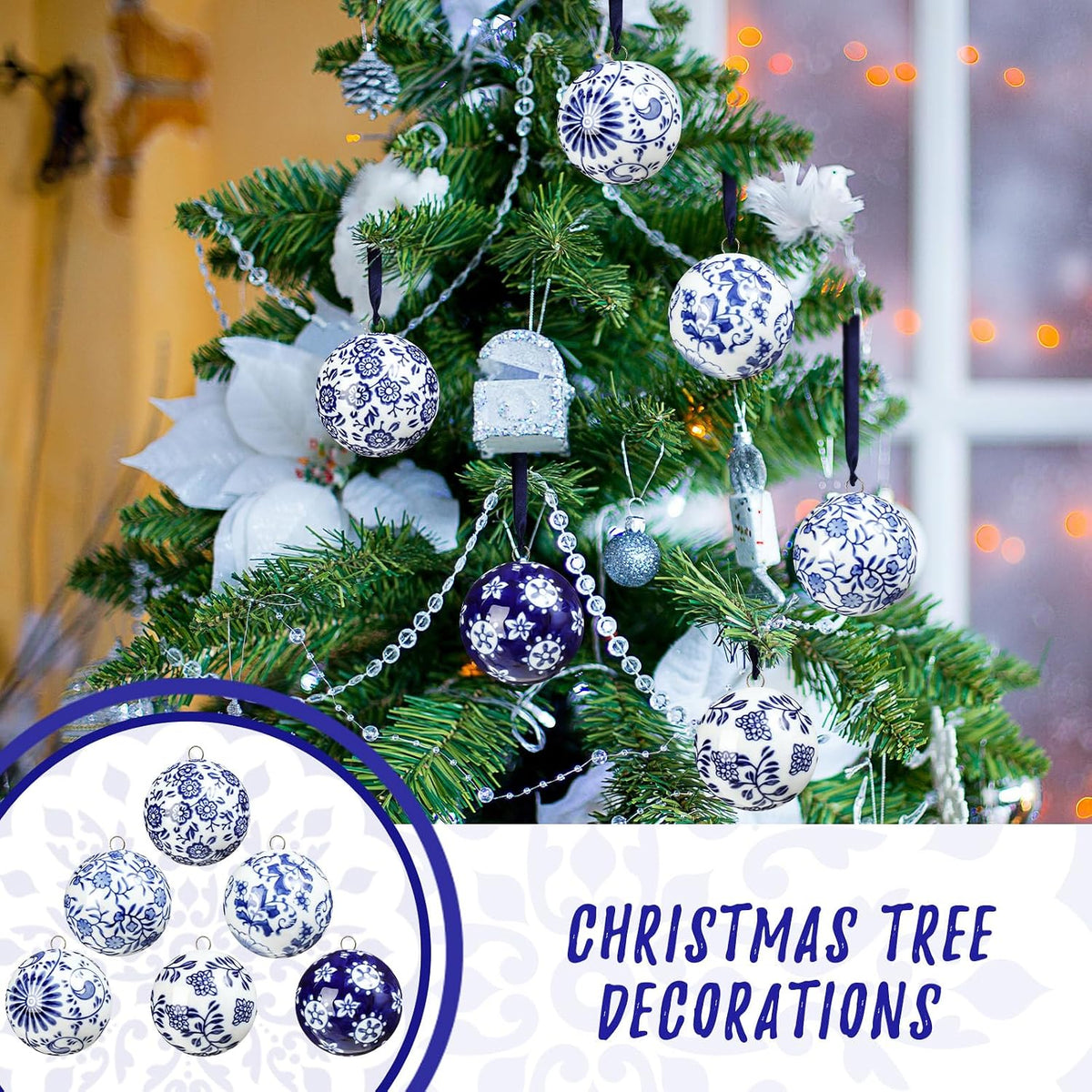 6 Pcs Blue and White Christmas Porcelain Balls, Classic Style 2.4 Inch, Ceramic, Porcelain Chinoiserie Ornament Bulk, Ceramic, Hanging, Decorative, New Year, for Christmas Tree Home Party