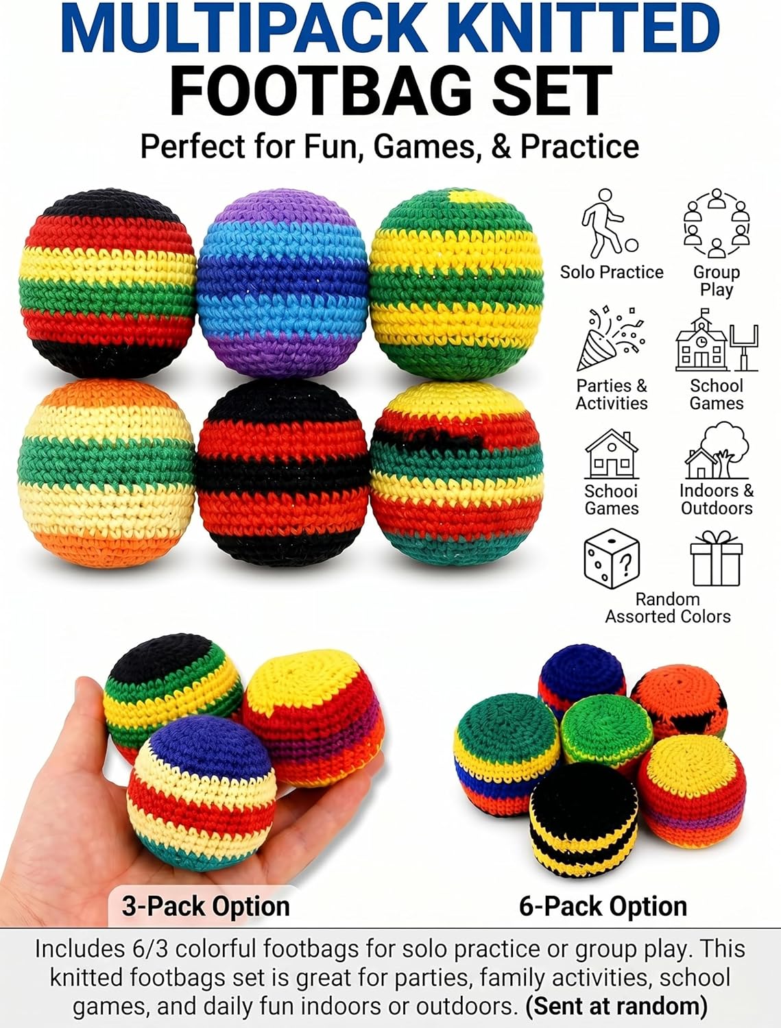Footbags Set of 3, Hand-Made Knitted Footbags, Multicolor, Sand Fill, for Kids and Beginners, Ages 6 and Up (Random Color)