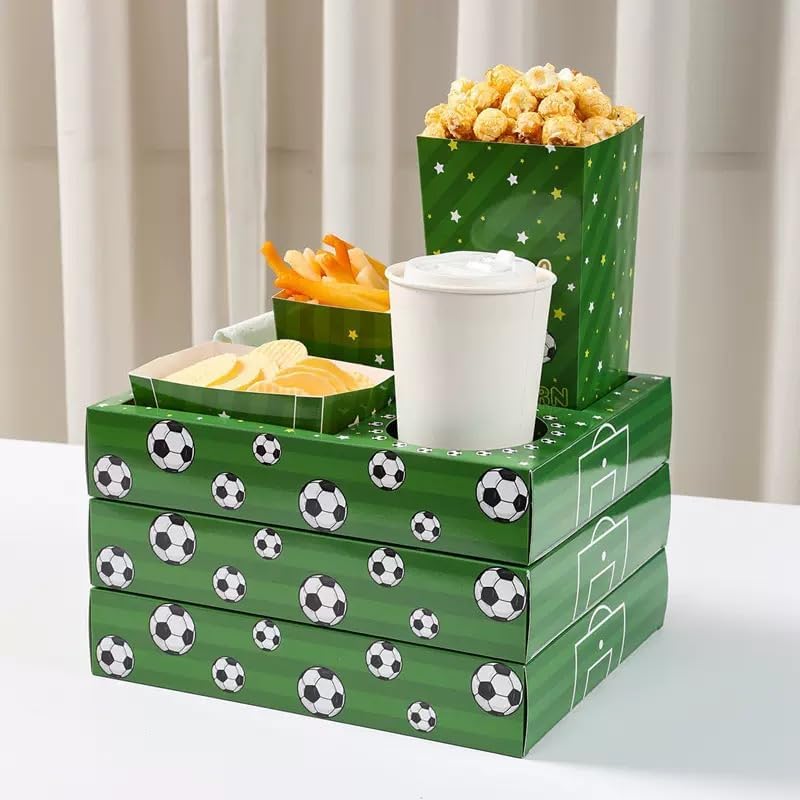 Soccer Snack Trays, 3 Pack Stadium Food Holders for Game Day 3-pack soccer snack trays with popcorn bucket and drink holder for game day, watch parties, birthdays and tailgates