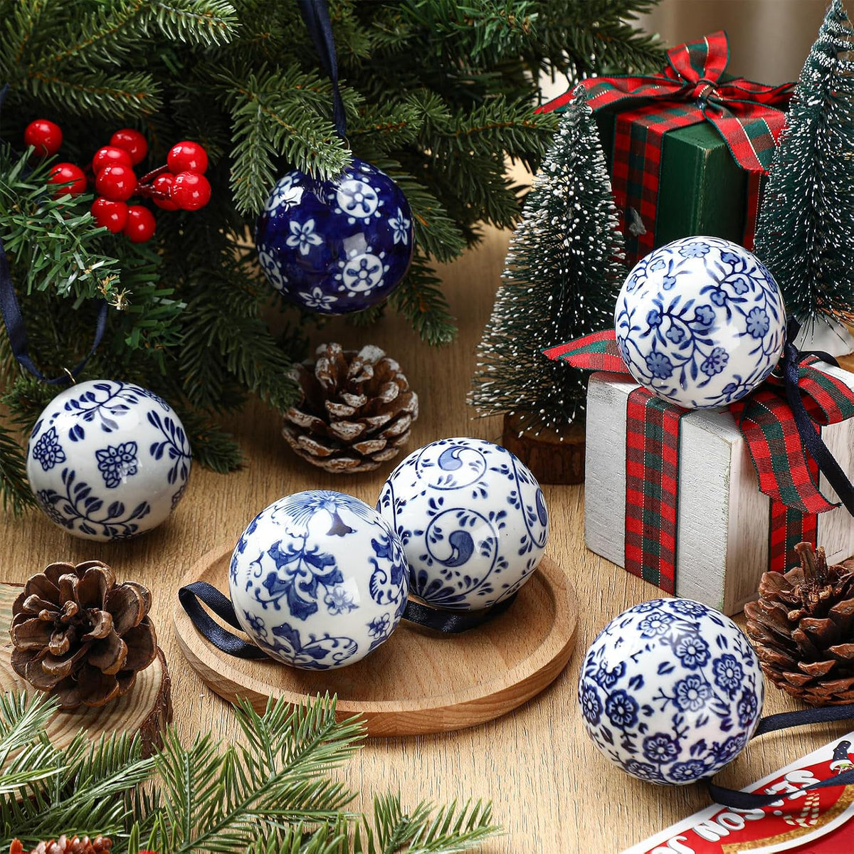 6 Pcs Blue and White Christmas Porcelain Balls, Classic Style 2.4 Inch, Ceramic, Porcelain Chinoiserie Ornament Bulk, Ceramic, Hanging, Decorative, New Year, for Christmas Tree Home Party