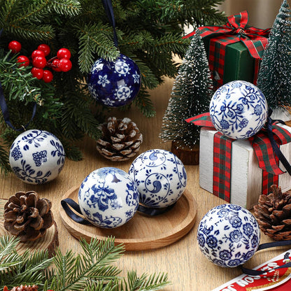 6 Pcs Blue and White Christmas Porcelain Balls, Classic Style 2.4 Inch, Ceramic, Porcelain Chinoiserie Ornament Bulk, Ceramic, Hanging, Decorative, New Year, for Christmas Tree Home Party
